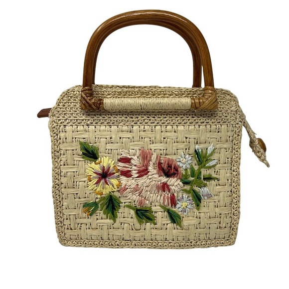 Fossil Handbags - Fossil Straw Woven Top Handle Bag Floral Embroidered Wood Handle Handbag